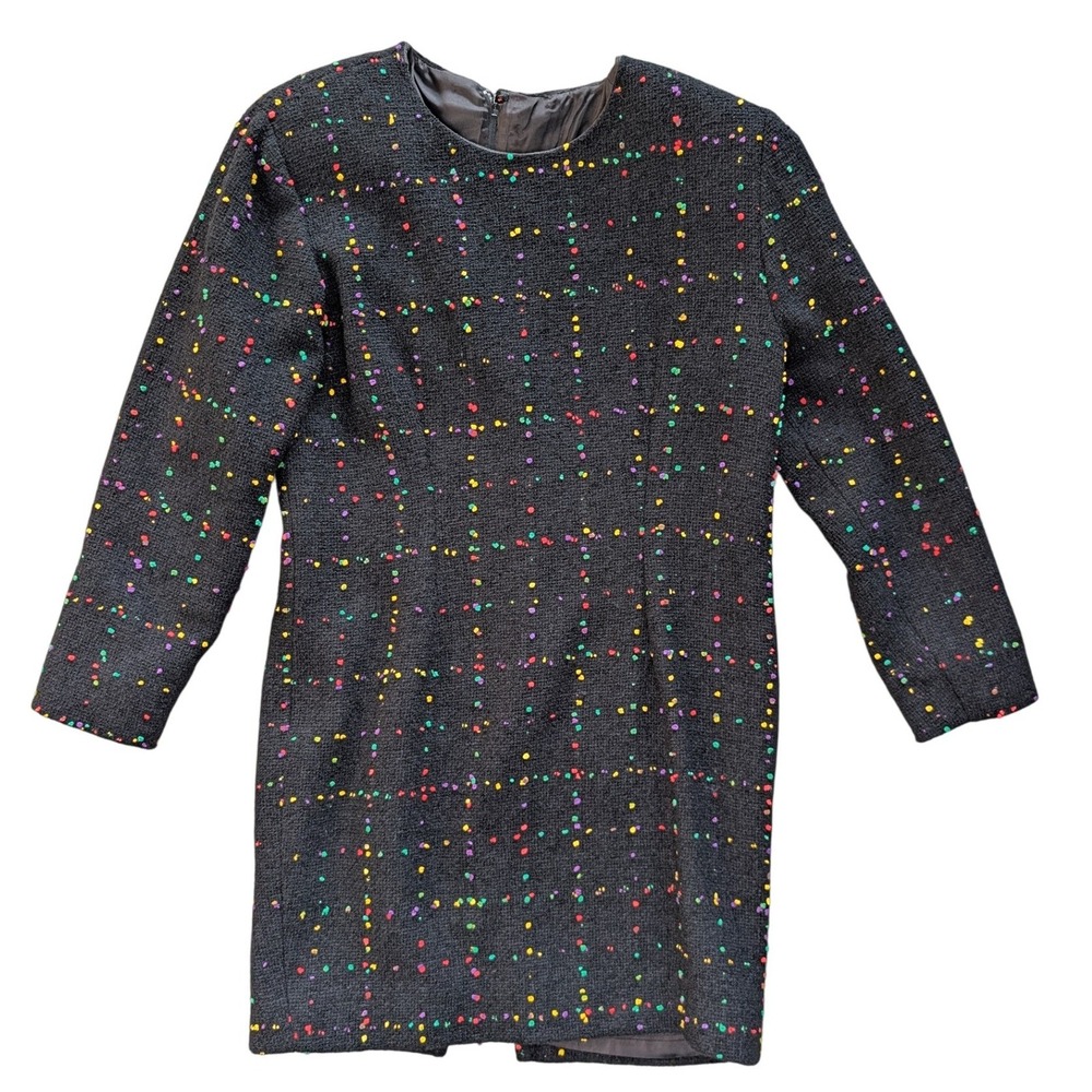 Vintage Small Black Tweed Rainbow Dress With Shoulder Pads Midi‎ Length